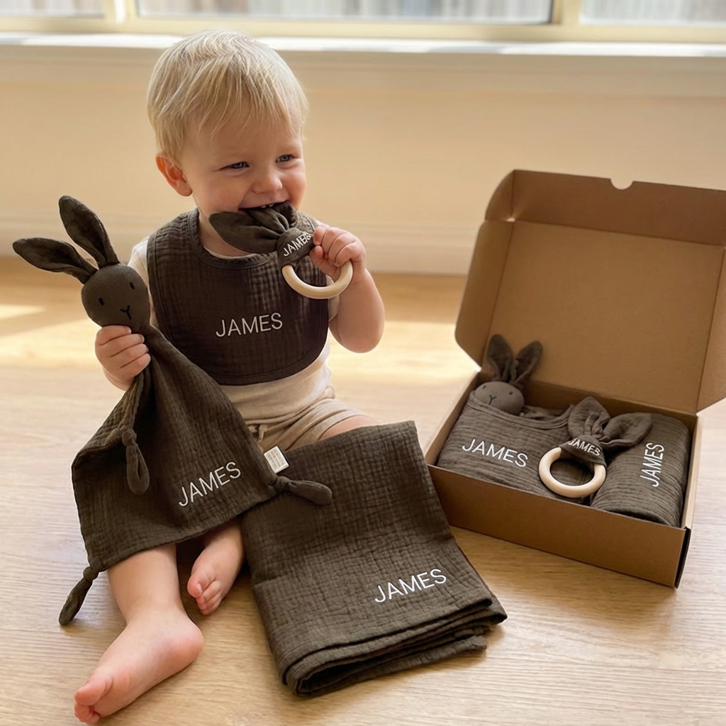 Personalized 4-Piece Newborn Gift Set – Muslin, Bunny Comforter, Teether & Bib (100% Cotton)