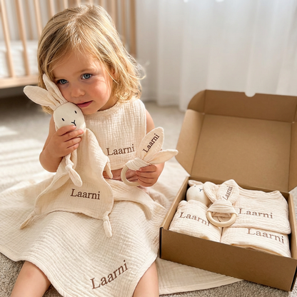 Personalized 4-Piece Newborn Gift Set – Muslin, Bunny Comforter, Teether & Bib (100% Cotton)