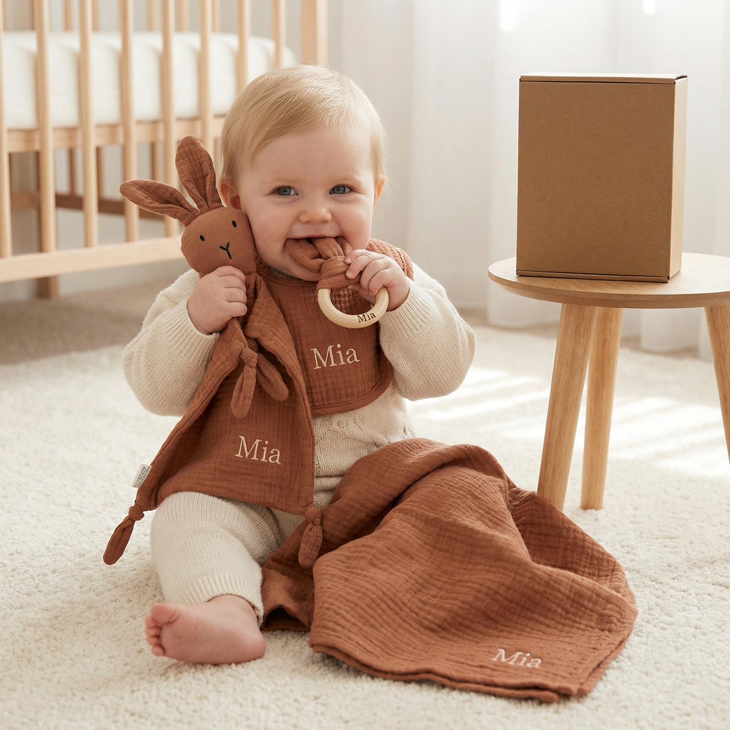 Personalized 4-Piece Newborn Gift Set – Muslin, Bunny Comforter, Teether & Bib (100% Cotton)