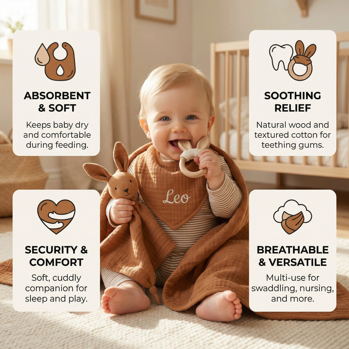 Personalized 4-Piece Newborn Gift Set – Muslin, Bunny Comforter, Teether & Bib (100% Cotton)
