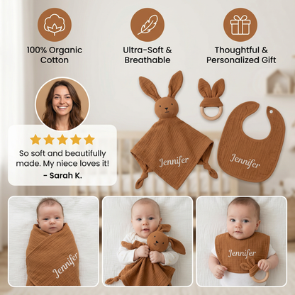 Personalized 4-Piece Newborn Gift Set – Muslin, Bunny Comforter, Teether & Bib (100% Cotton)