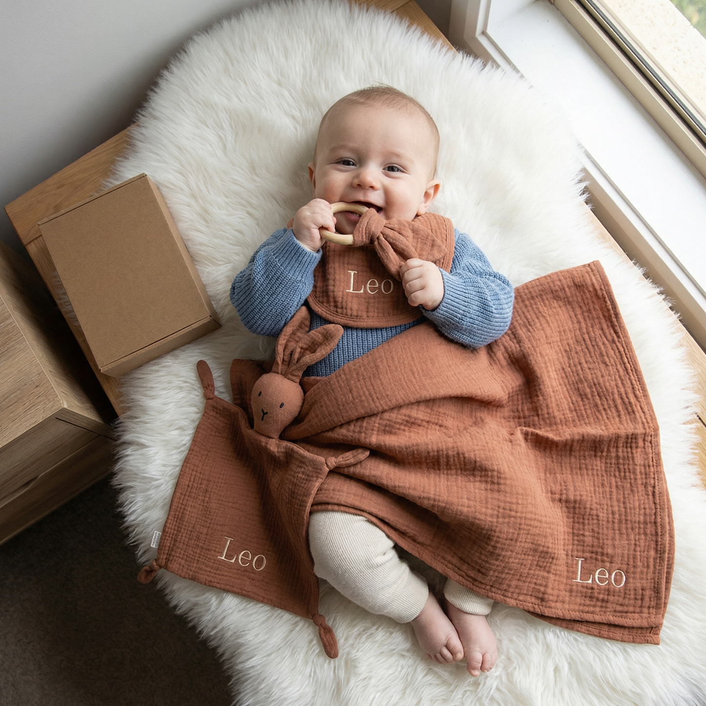 Personalized 4-Piece Newborn Gift Set – Muslin, Bunny Comforter, Teether & Bib (100% Cotton)
