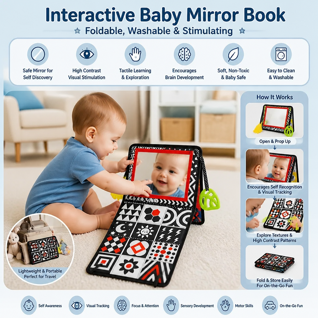 Interactive Baby Mirror Book – Foldable & Washable Soft Cloth Toy