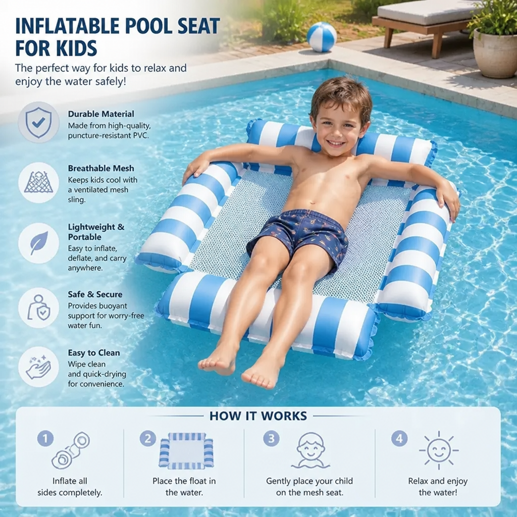 Inflatable Pool Seat for Kids – Water Hammock with Mesh Surface
