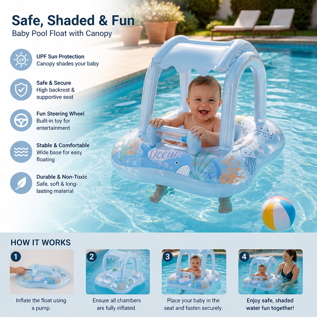 Inflatable Baby Pool Float with Canopy & Ocean Print