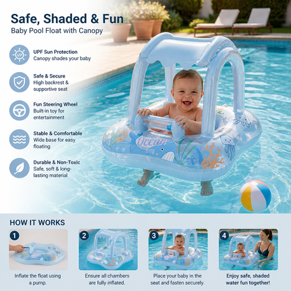 Inflatable Baby Pool Float with Canopy & Ocean Print