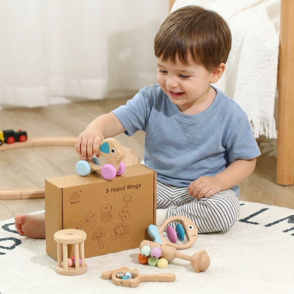 Wooden Baby Gift Set – Rattle & Musical Toy Set for Newborns
