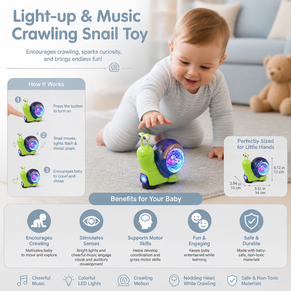 Light-up and music-playing snail crawling toy