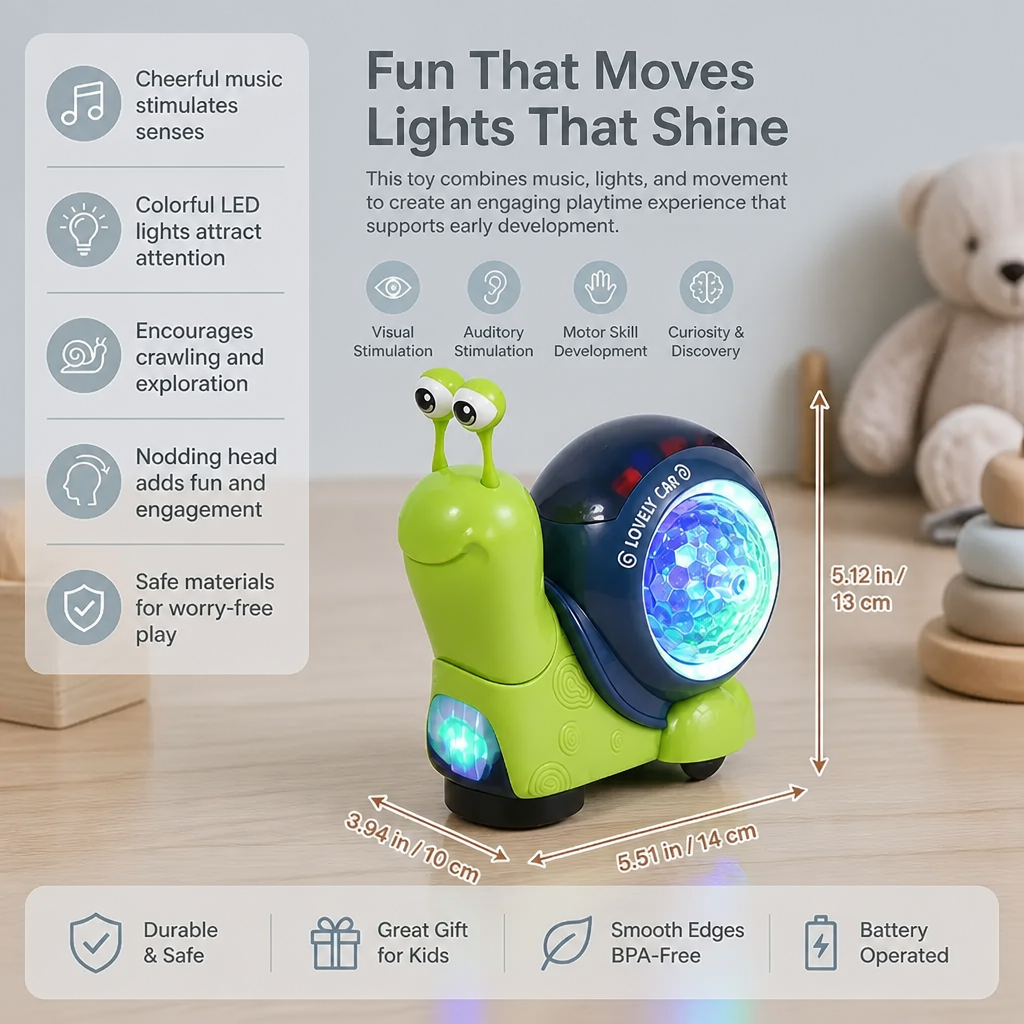 Light-up and music-playing snail crawling toy