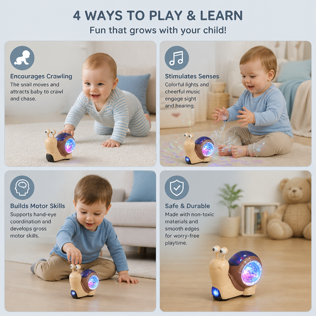 Light-up and music-playing snail crawling toy