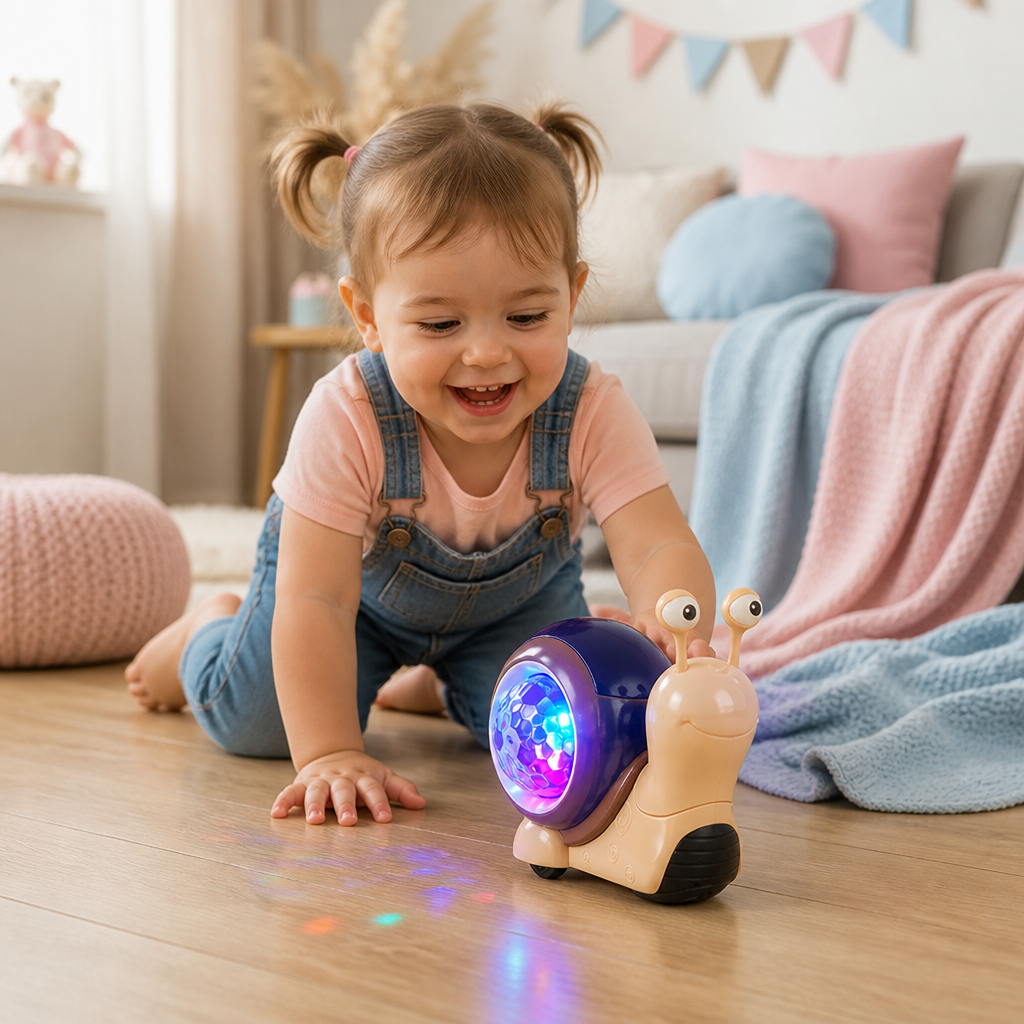 Light-up and music-playing snail crawling toy