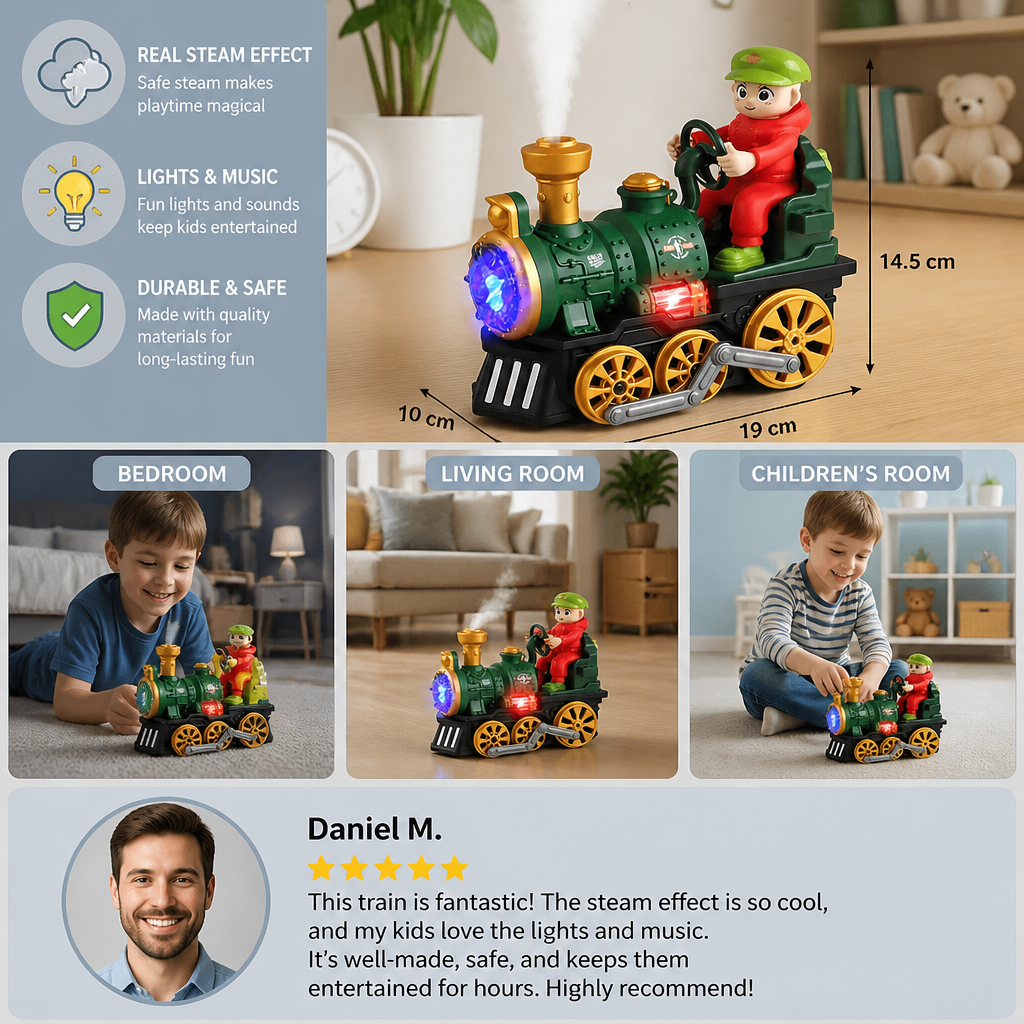 Cute Steam Train Toy with Lights, Music & Realistic Steam Effect