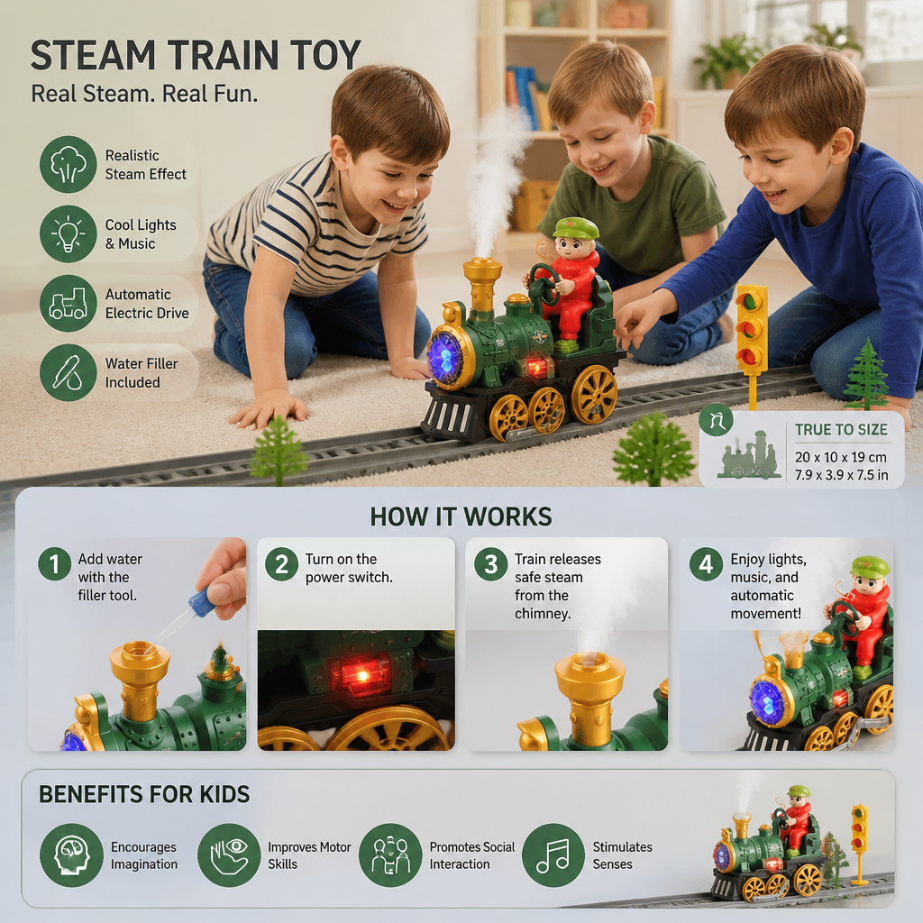 Cute Steam Train Toy with Lights, Music & Realistic Steam Effect