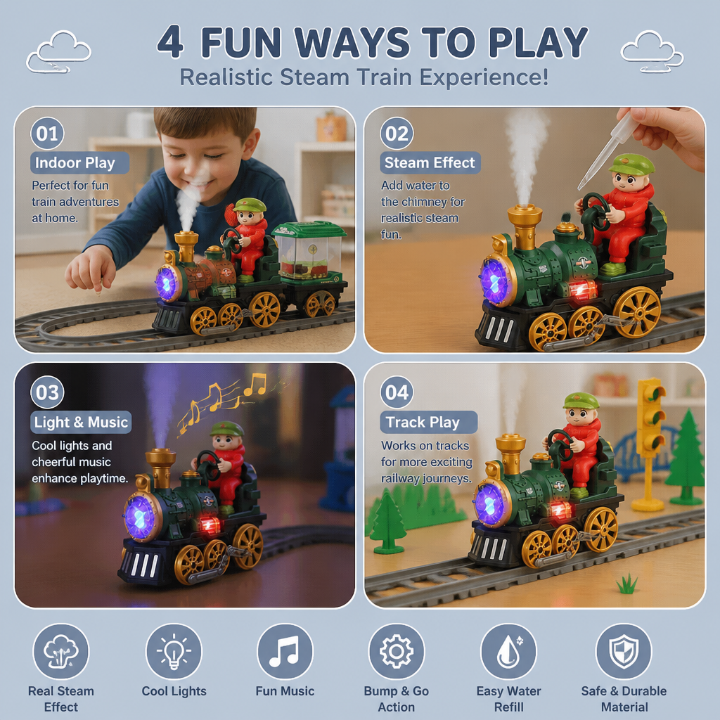Cute Steam Train Toy with Lights, Music & Realistic Steam Effect