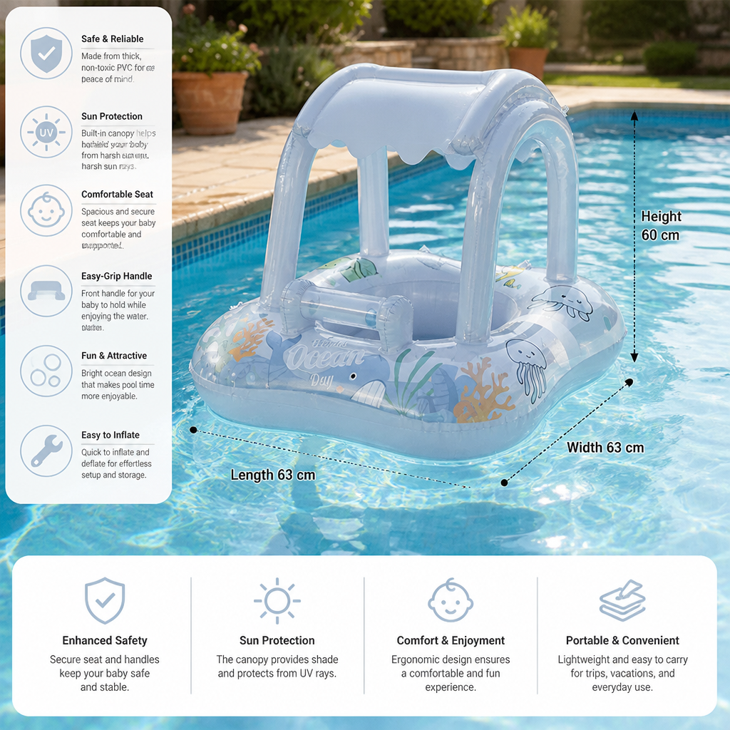 Inflatable Baby Pool Float with Canopy & Ocean Print