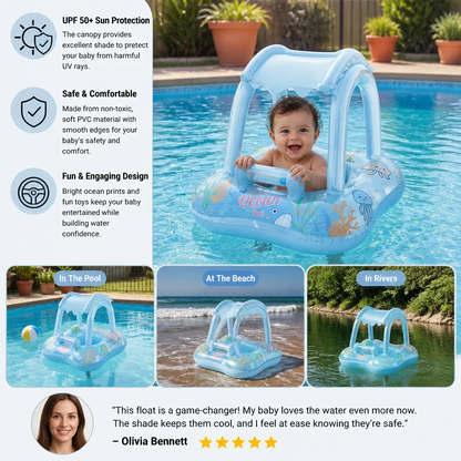 Inflatable Baby Pool Float with Canopy & Ocean Print