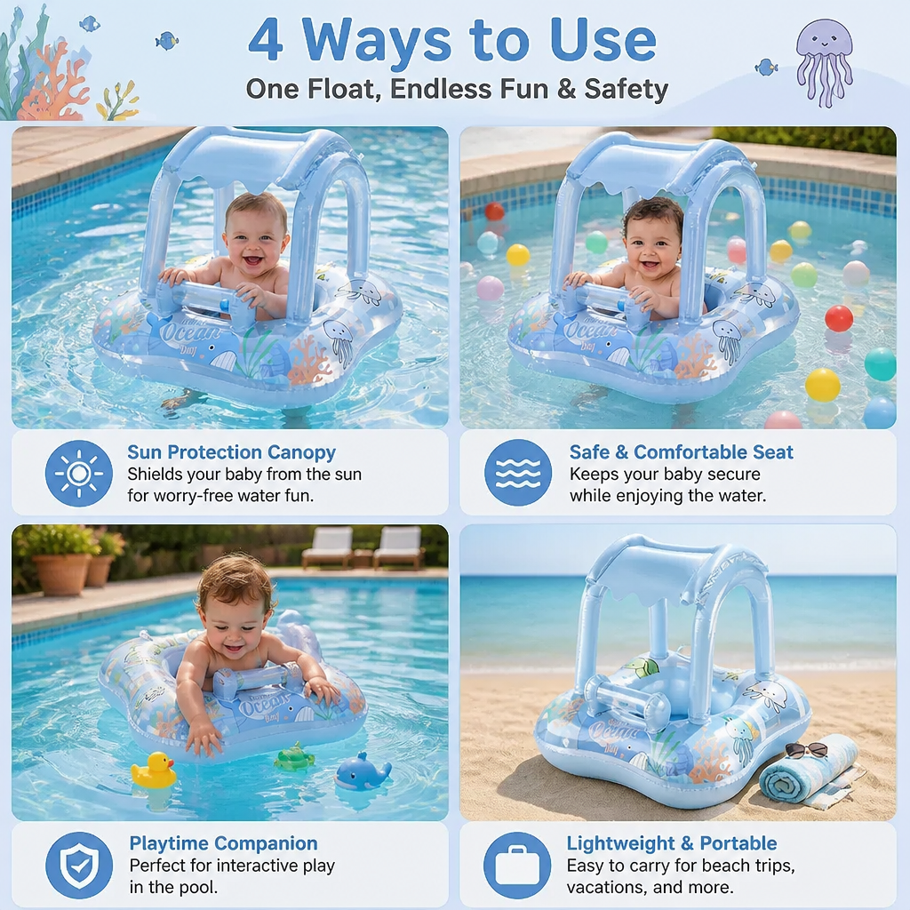 Inflatable Baby Pool Float with Canopy & Ocean Print