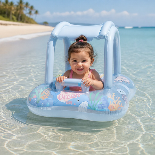 Inflatable Baby Pool Float with Canopy & Ocean Print