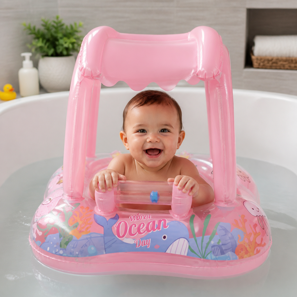 Inflatable Baby Pool Float with Canopy & Ocean Print