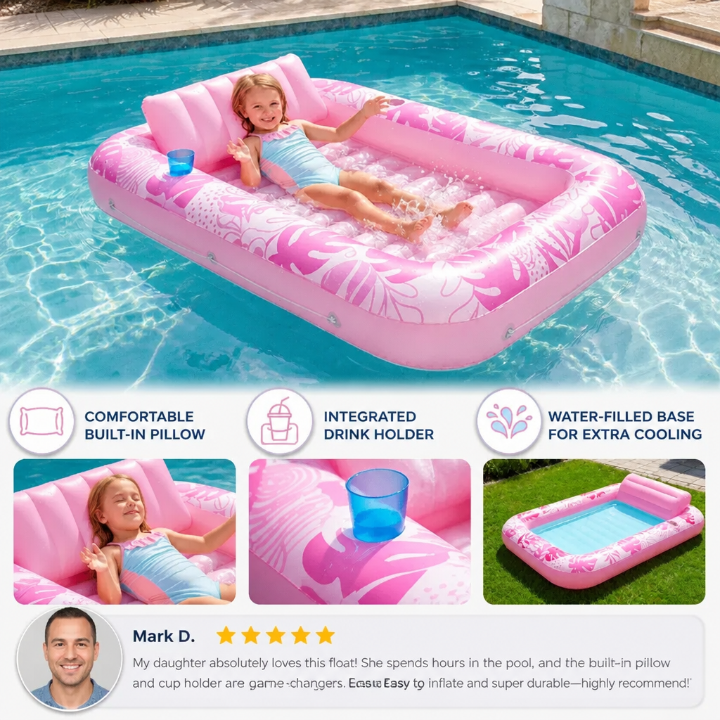 Inflatable Tanning Pool Lounge with Pillow & Cup Holder