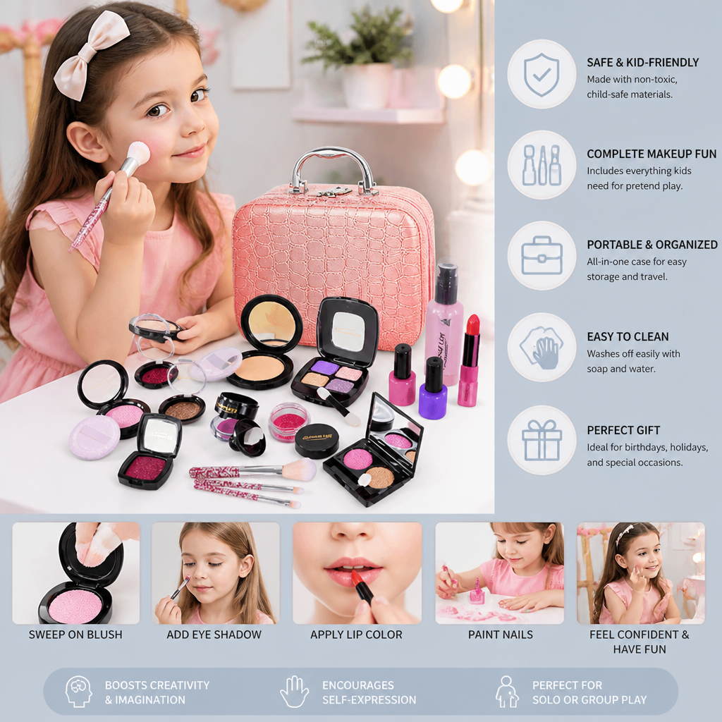 Make-up Play Set for Girls – Safe Kids Cosmetic Set with Practical Bag