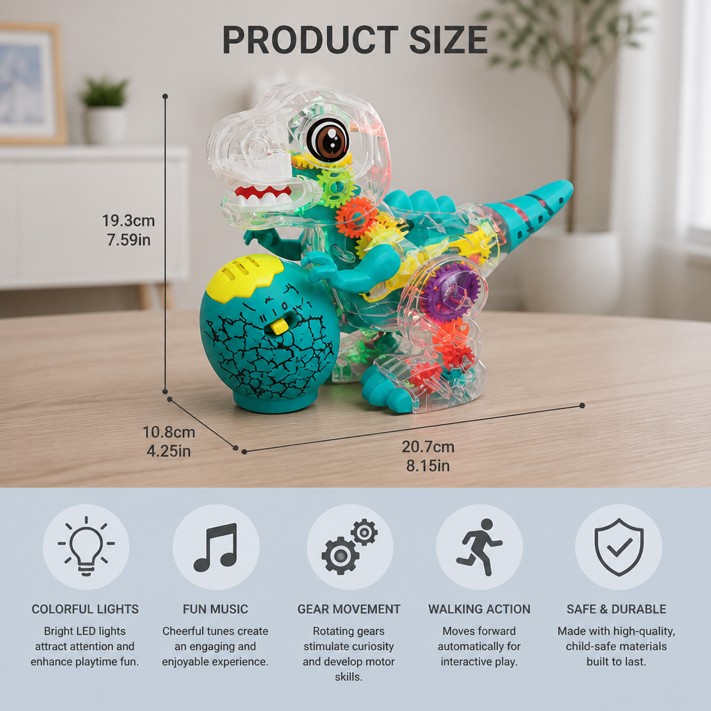 Interactive Light-Up Gear Dinosaur Toy with Music & Walking Action