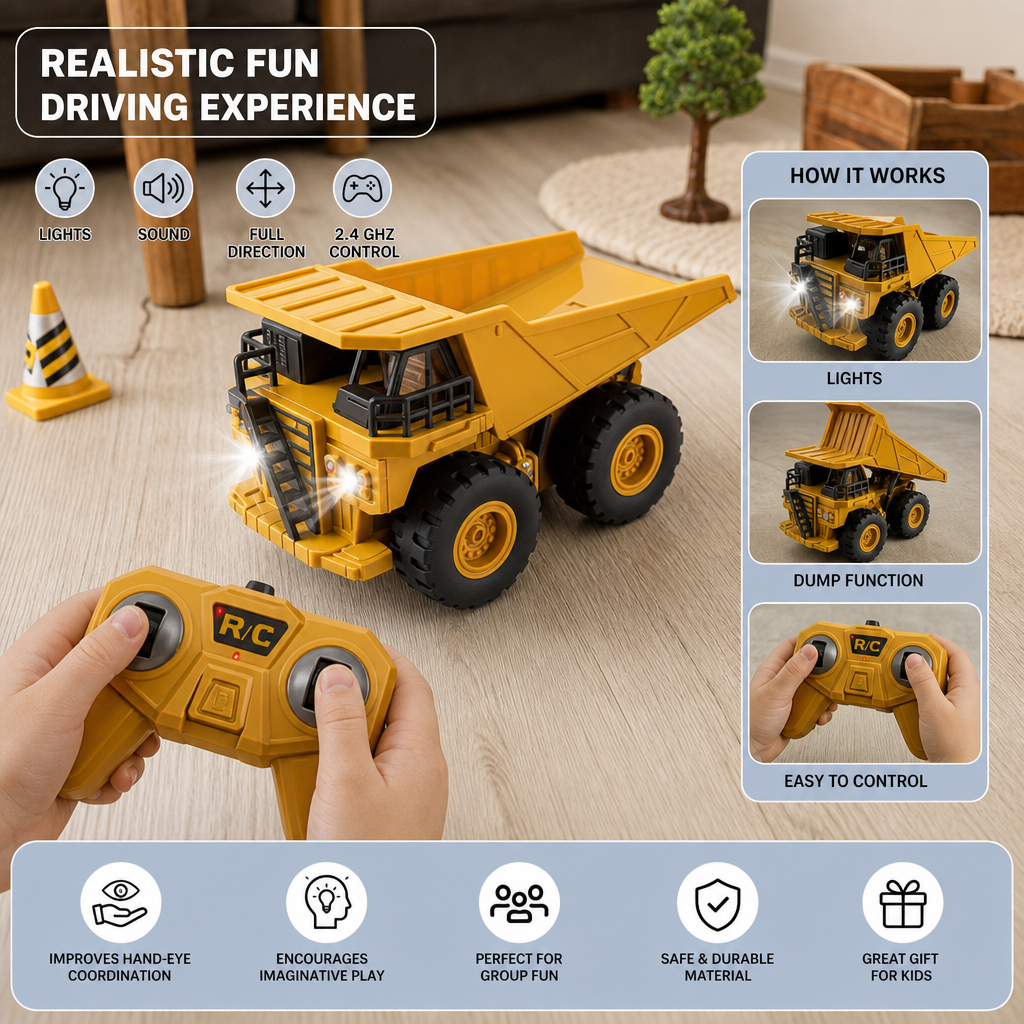 Remote-Controlled Dump Truck with Lights – Construction Vehicle Toy