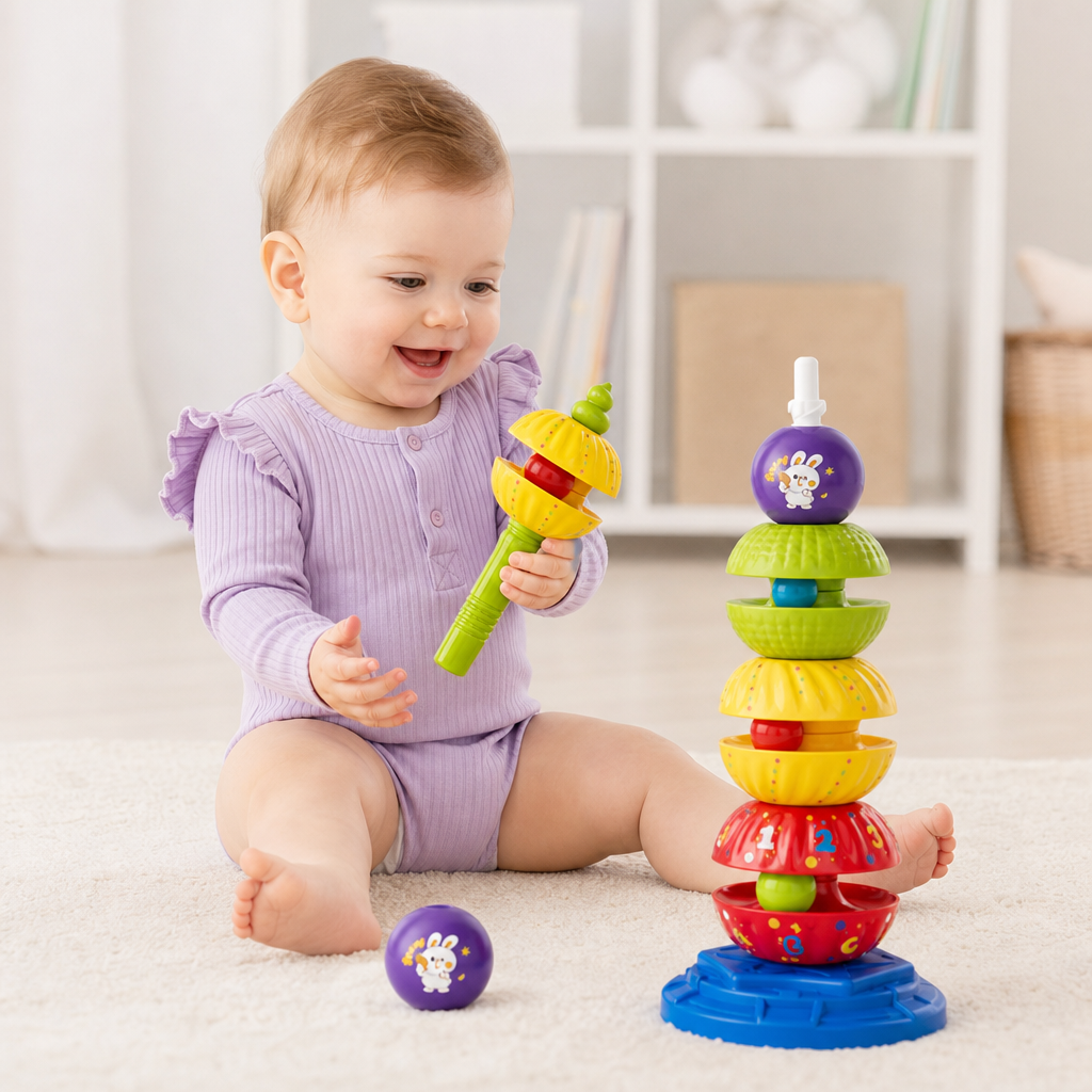 2-in-1 Interactive Rotating Stack & Ball Drop Tower with Rattle for Kids