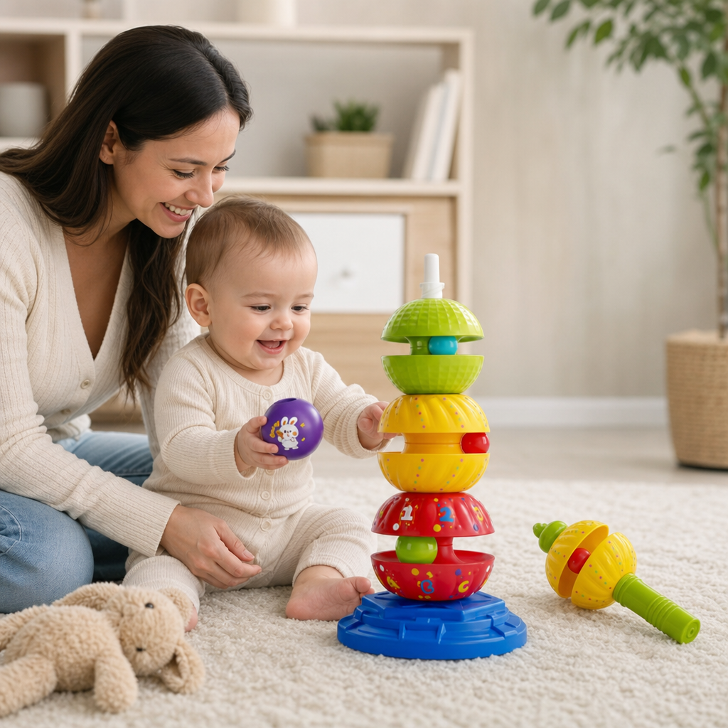 2-in-1 Interactive Rotating Stack & Ball Drop Tower with Rattle for Kids