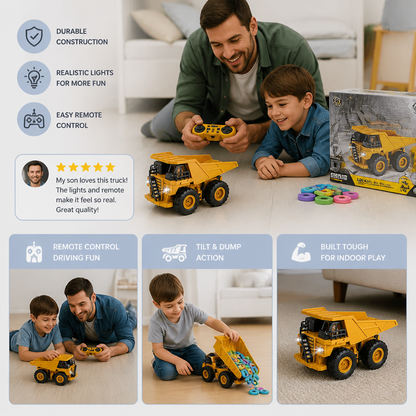 Remote-Controlled Dump Truck with Lights – Construction Vehicle Toy
