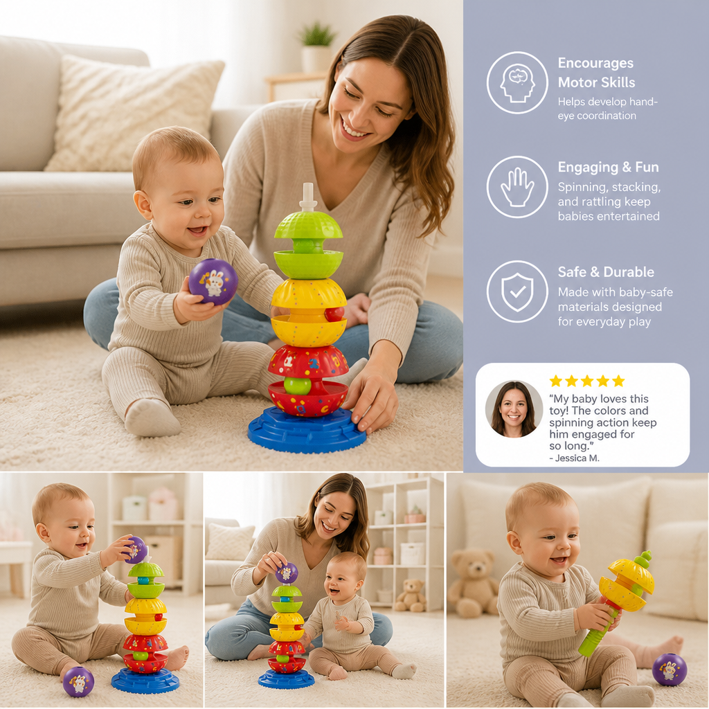 2-in-1 Interactive Rotating Stack & Ball Drop Tower with Rattle for Kids