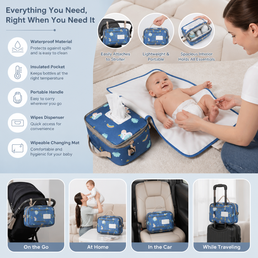 3in1 Stroller Organizer Bag – Waterproof Diaper Caddy with Insulated Pockets