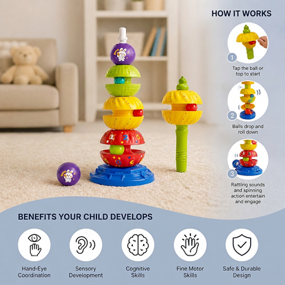 2-in-1 Interactive Rotating Stack & Ball Drop Tower with Rattle for Kids