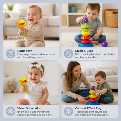 2-in-1 Interactive Rotating Stack & Ball Drop Tower with Rattle for Kids
