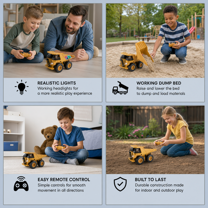 Remote-Controlled Dump Truck with Lights – Construction Vehicle Toy