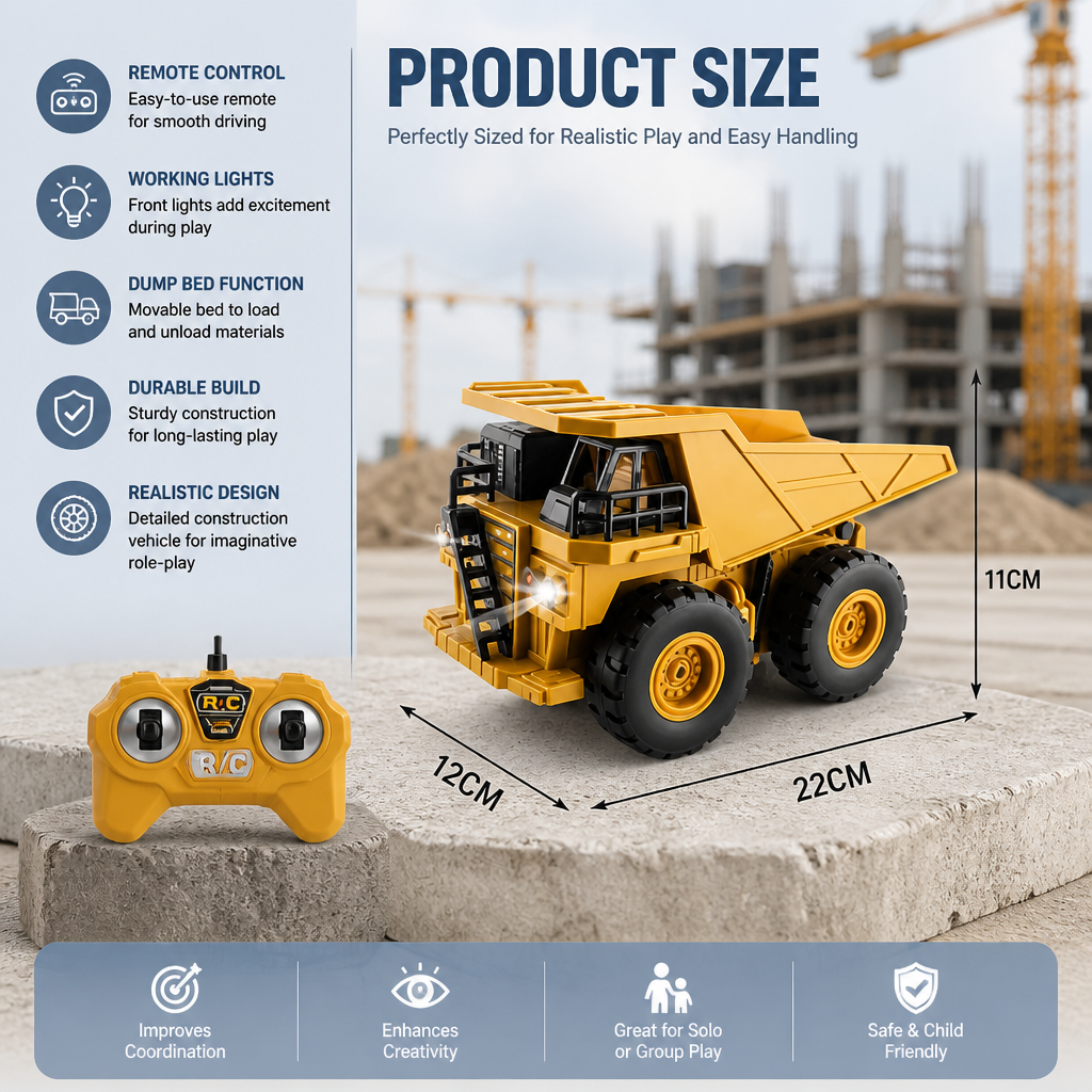 Remote-Controlled Dump Truck with Lights – Construction Vehicle Toy
