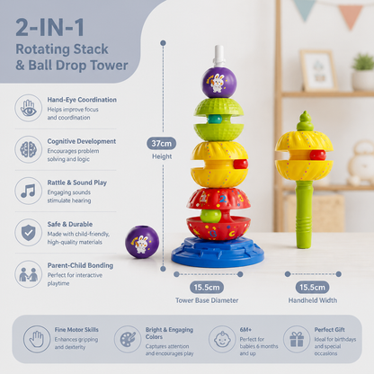 2-in-1 Interactive Rotating Stack & Ball Drop Tower with Rattle for Kids
