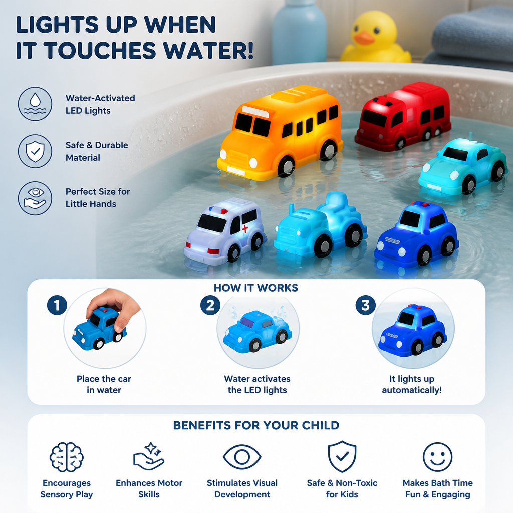 Light-Up Bath Toy Car Set – Water-Activated Baby Bath Toys