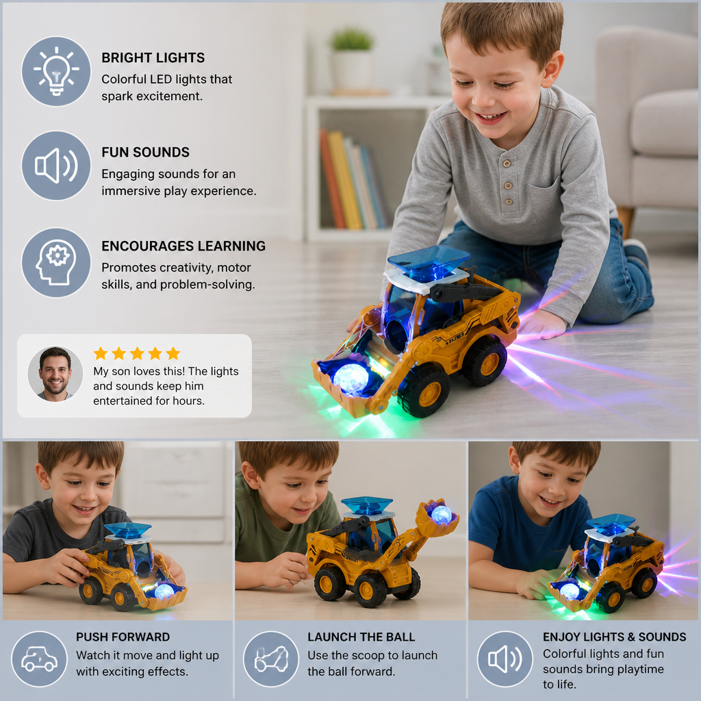 Interactive Light-Up Construction Bulldozer with Ball Launcher for Kids