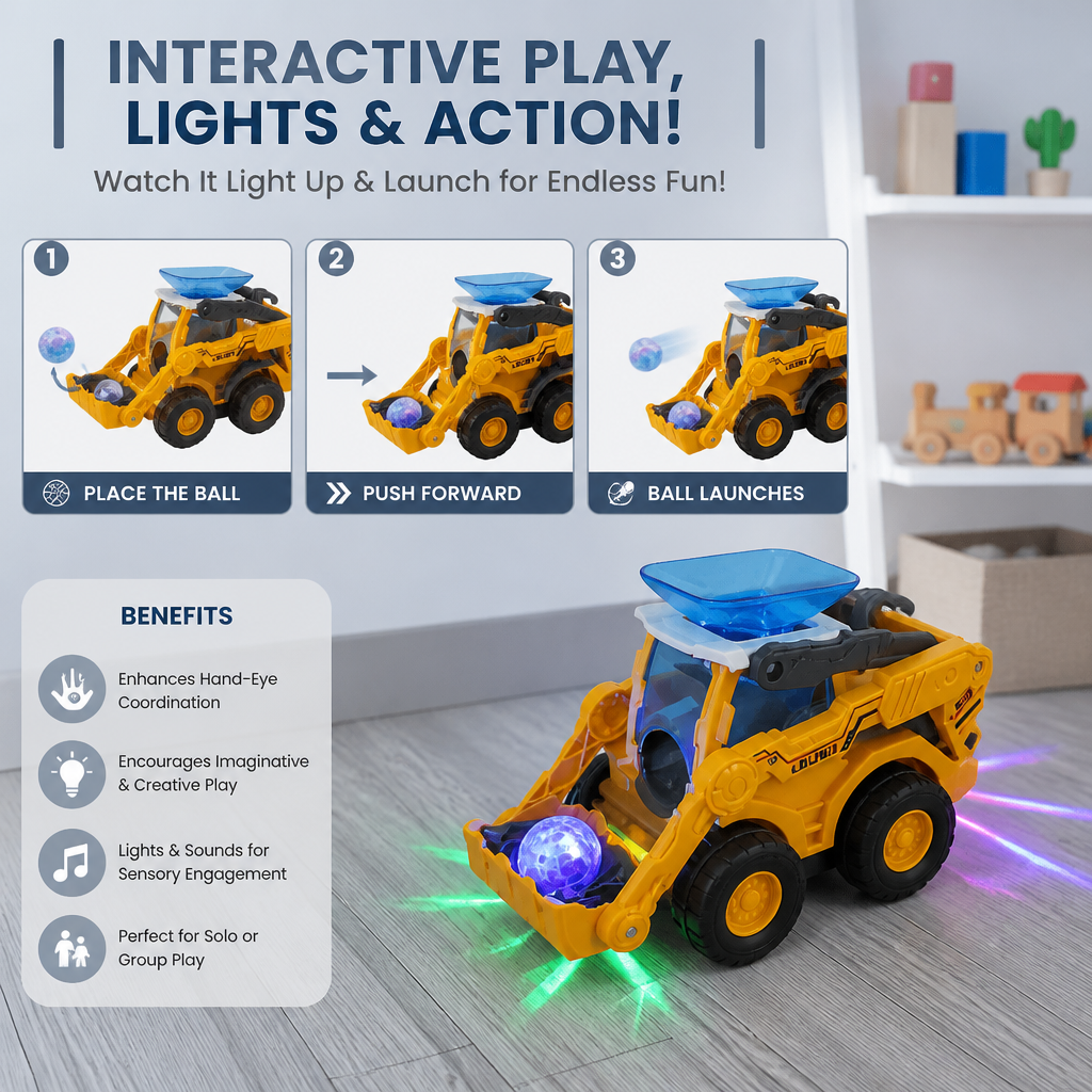 Interactive Light-Up Construction Bulldozer with Ball Launcher for Kids