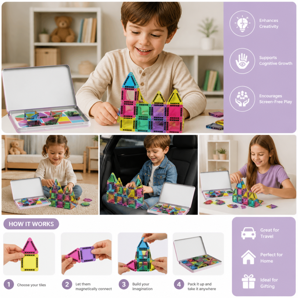 Compact Magnetic Tiles – 40-Piece Montessori Travel Set