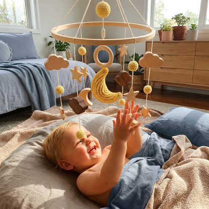 Handmade Wooden Baby Crib Mobile with Crochet Pendants – Soothing Bed Toy for Newborns