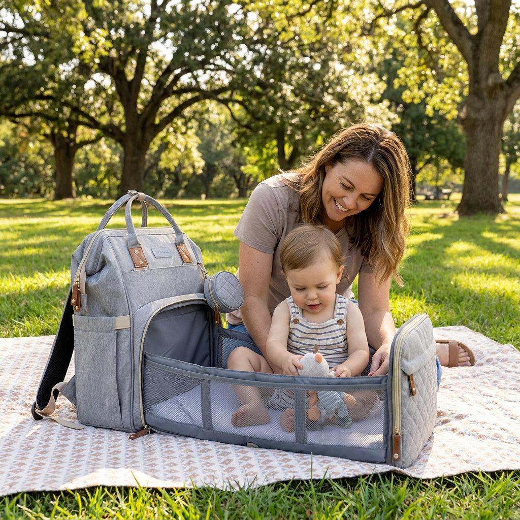 3-in-1 Travel Diaper Backpack with Foldable Baby Bed – Perfect for On-the-Go Parents