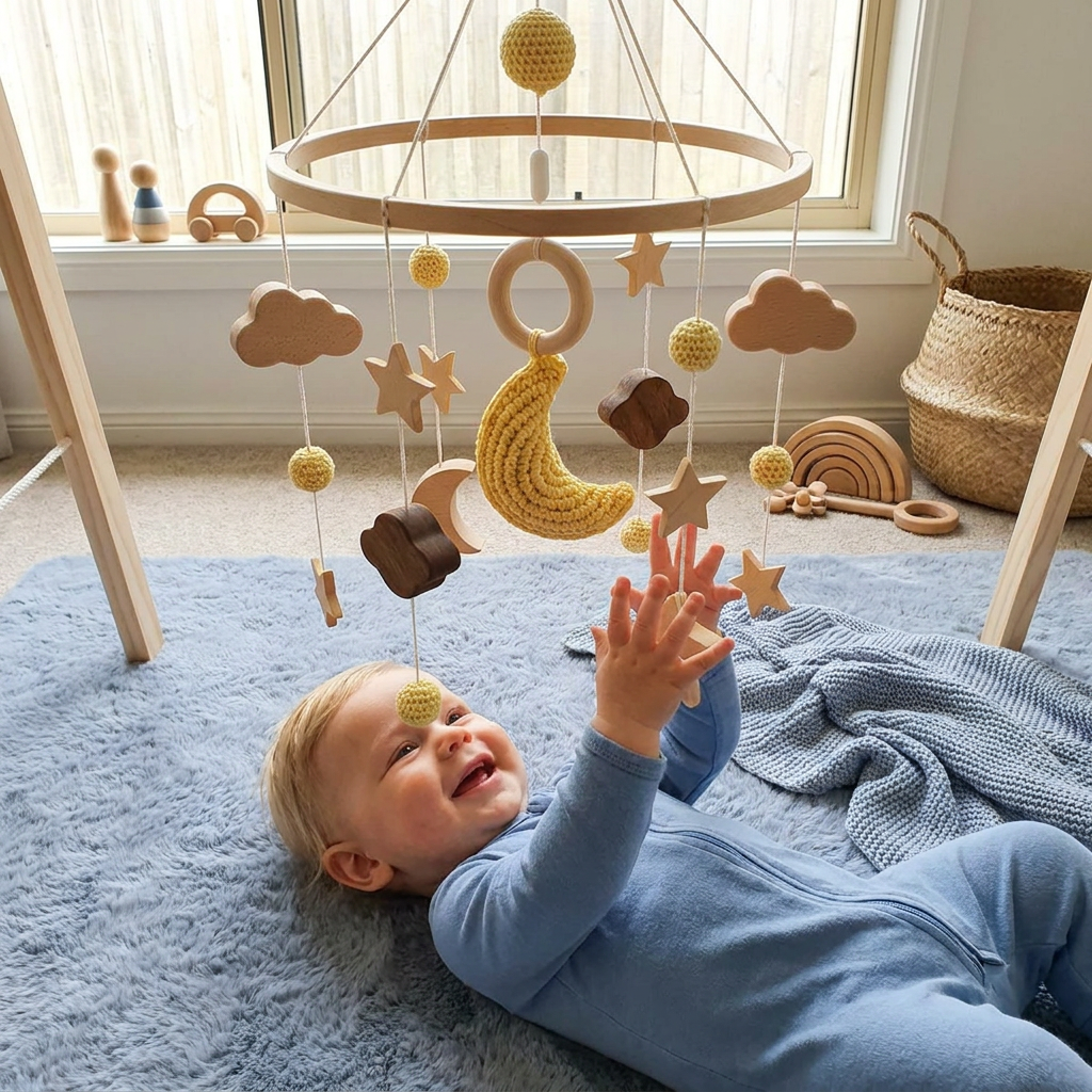 Handmade Wooden Baby Crib Mobile with Crochet Pendants – Soothing Bed Toy for Newborns