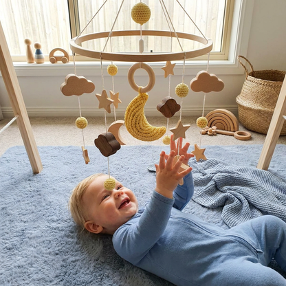 Handmade Wooden Baby Crib Mobile with Crochet Pendants – Soothing Bed Toy for Newborns