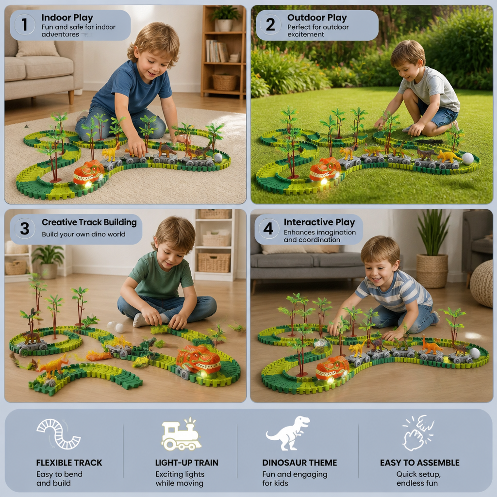 Dinosaur Track Adventure – Flexible racetrack with light-up train