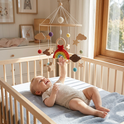 Handmade Wooden Baby Crib Mobile with Crochet Pendants – Soothing Bed Toy for Newborns