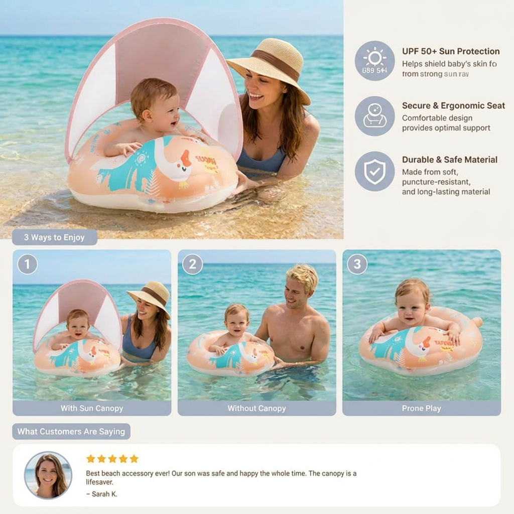 Swan Baby Swim Ring with Sun Canopy – Inflatable Safety Float Seat for Babies