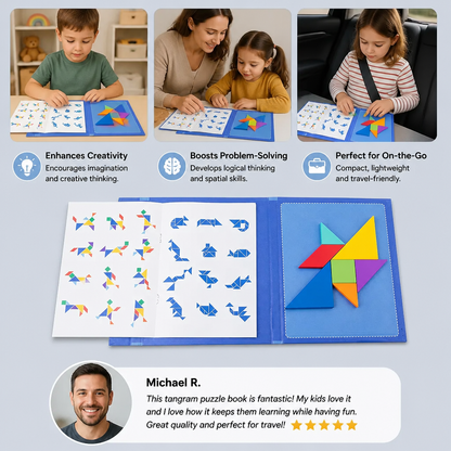 Portable Montessori Wooden Magnetic Tangram Puzzle Book Educational Toy