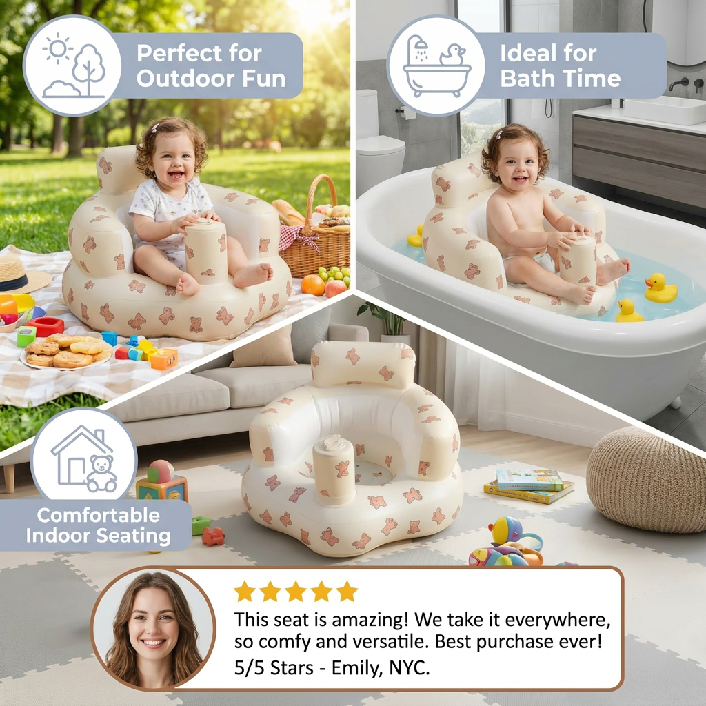 Inflatable Baby Seat with Bear Print for Sitting and Bath